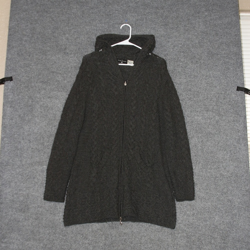 The Irish Store Cardigan‎ Womens L Dark Gray 100% Merino Wool Zip Hooded